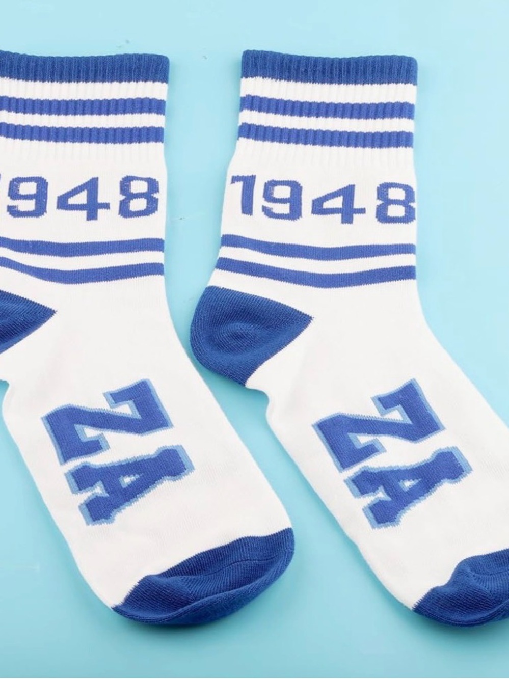 White & Blue Athletic Crew Socks with '1948' and 'ZA' Graphics